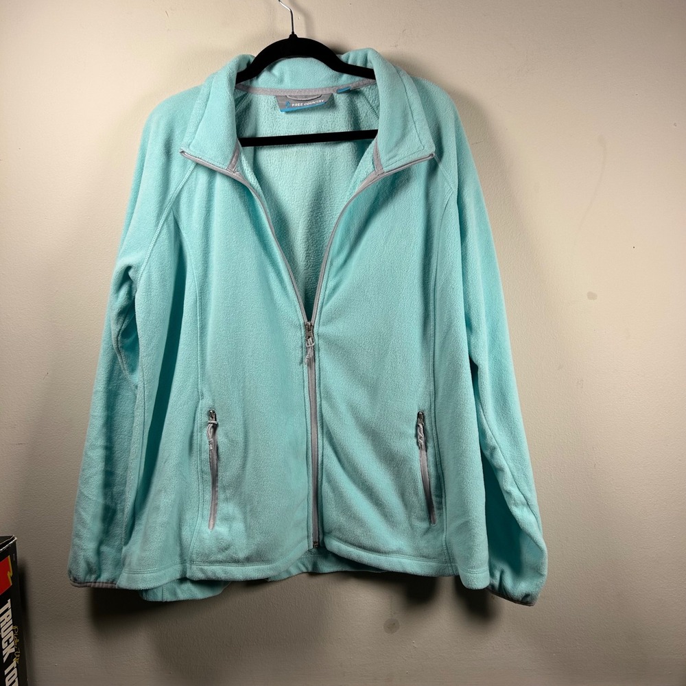 Free Country Fleece Jacket Womens XL Aqua Blue Modern Full Zip Pockets Raglan